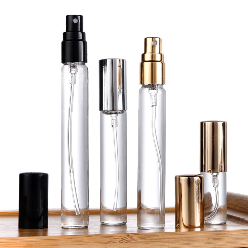 different size empty transparent tester sprayer perfume bottles glass with black silver gold caps factory