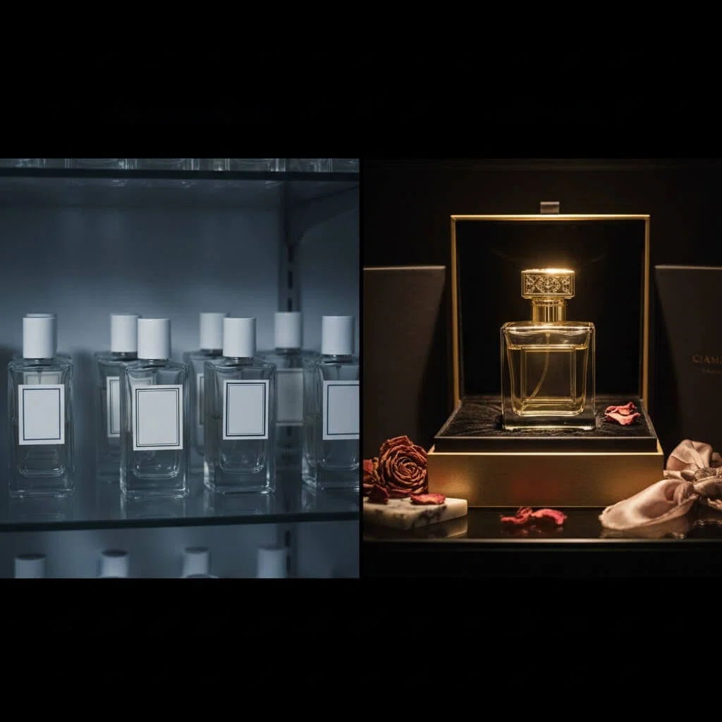 How to Elevate Your Perfume Brand Through Packaging: Winning the Retail "C-Position" split screen comparison of generic perfume bottle on shelf vs luxury perfume packaging upgrade in retail c position.