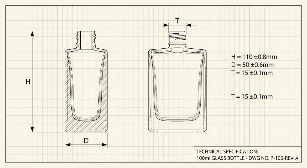 From Concept to Crystal: A Technical Guide to Perfume Bottle Customization Manufacturing Standards, Tolerances, Processes, and FAQs technical drawing of a 100ml bottle highlighting h, d, and t dimensions with tolerance markers