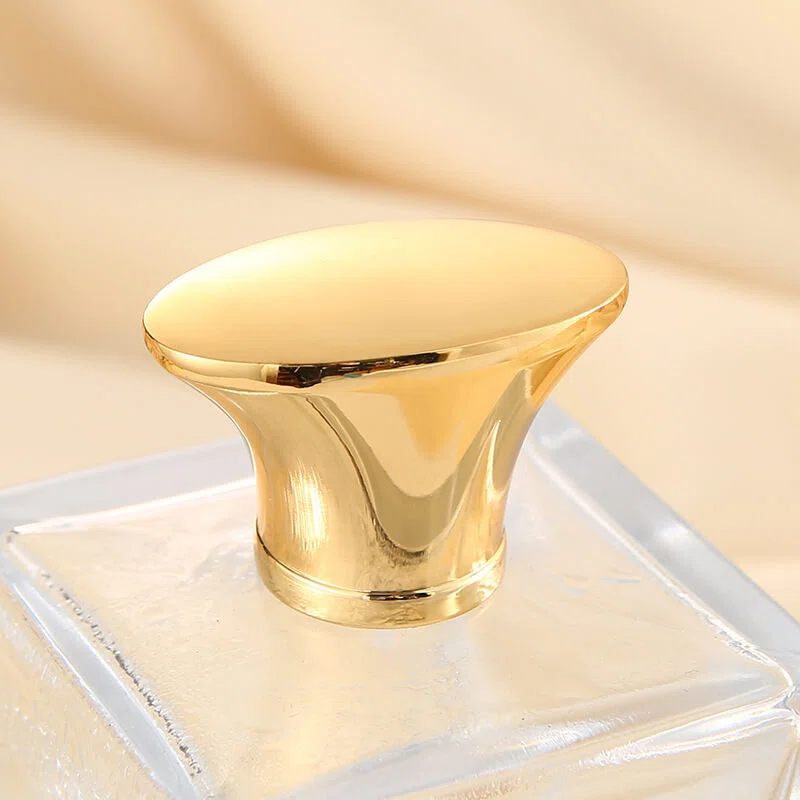 CHINA custom t shaped abs uv cap cylinder clear perfume bottle GOLD cap lid supplier