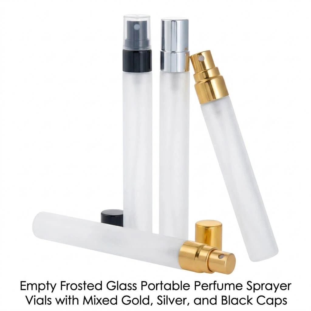 empty frosted glas protable perfume sprayer vials with mixed gold sliver black caps