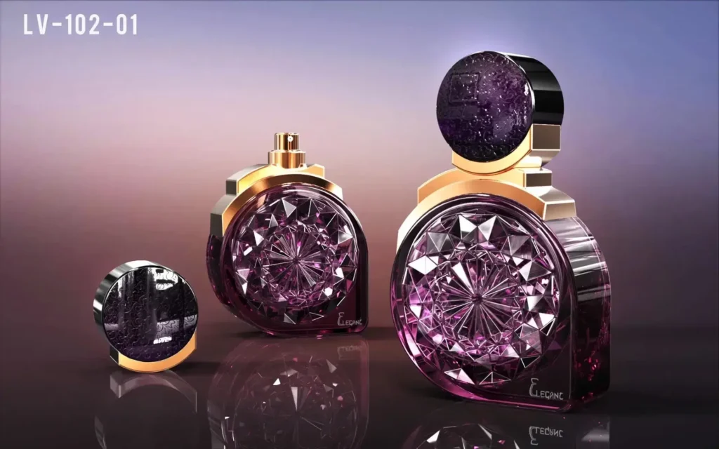 purple flat round perfume bottle and glass perfume cap lid manufacturer china (1)
