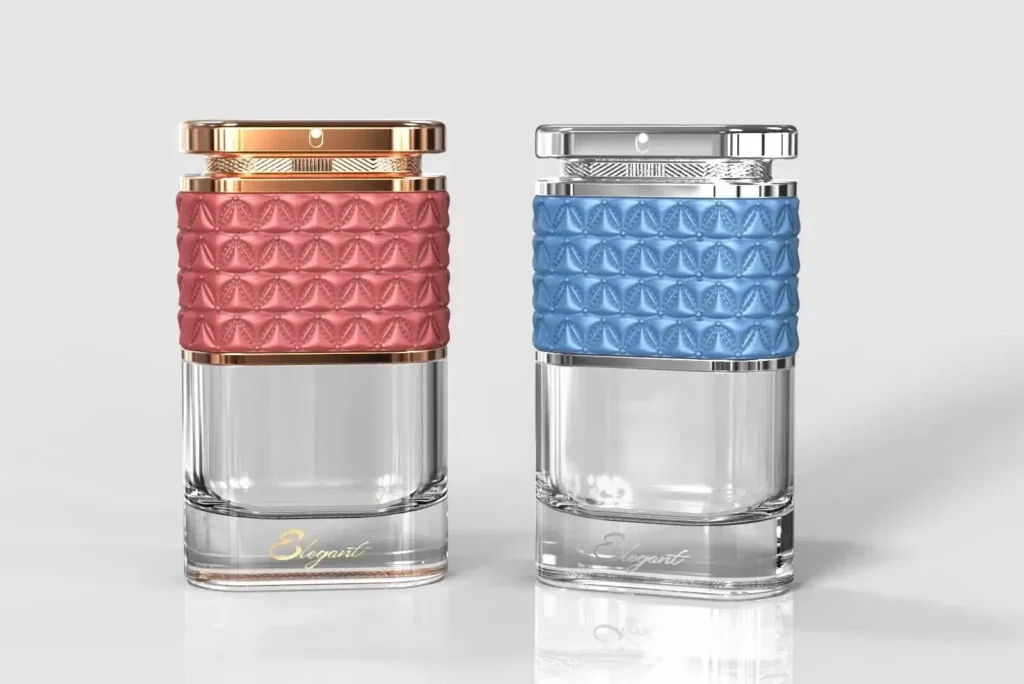 unique flat round recatangular perfume bottle with pink blue leather cover decoration (1)