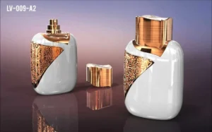 white ceremic and gloden metal cover perfume vessel bottle container with custome golden lid cap manufacturer china