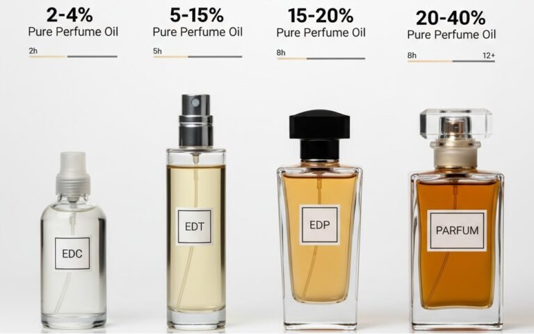 infographic showing perfume concentration levels from edc to parfum with longevity hours