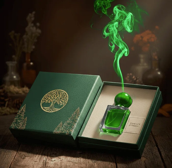luxury dark green textured perfume gift box with gold foil stamping and wooden motif