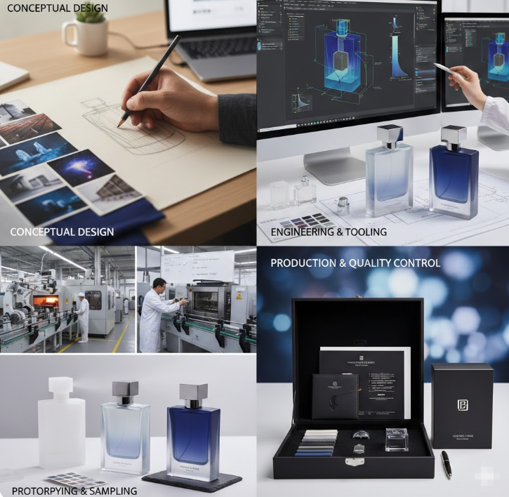 perfume packaging design, fragrance bottle manufacturer, end to end production custom bottle prototyping, technical drawings, cmf specification, glass compatibility testing