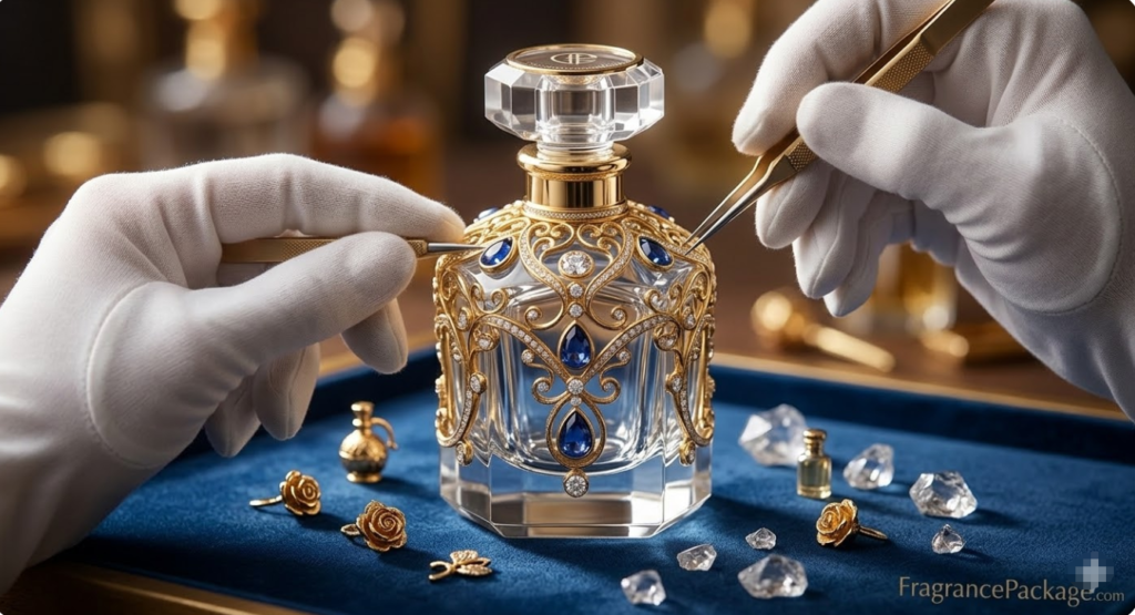 exquisite custom made luxury perfume glass bottle with gold filigree and gemstone embellishments