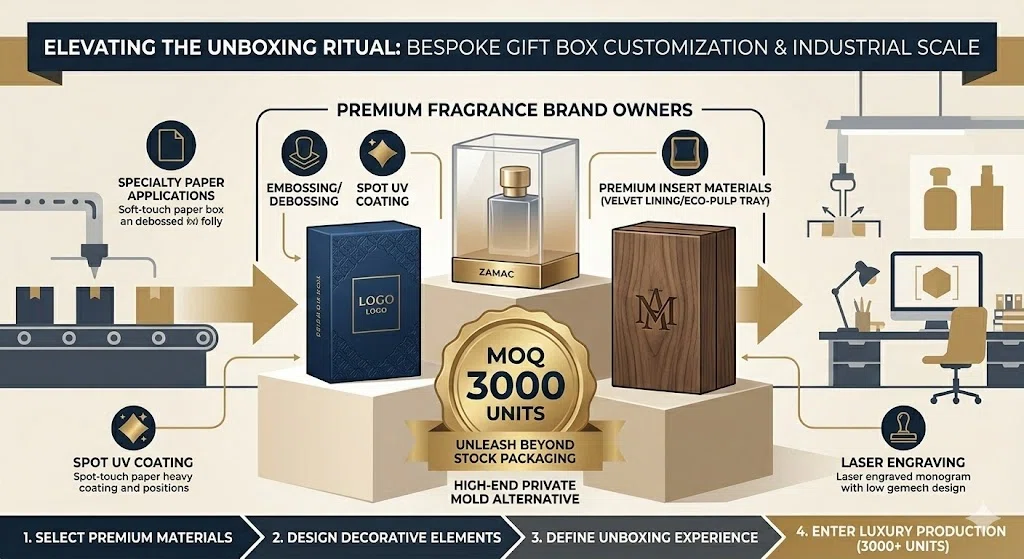 high end private mold alternative unleash beyond stock peerfume packaging with specialty paper embossing or debossing and spot uv or premium insert materials or laser engraving
