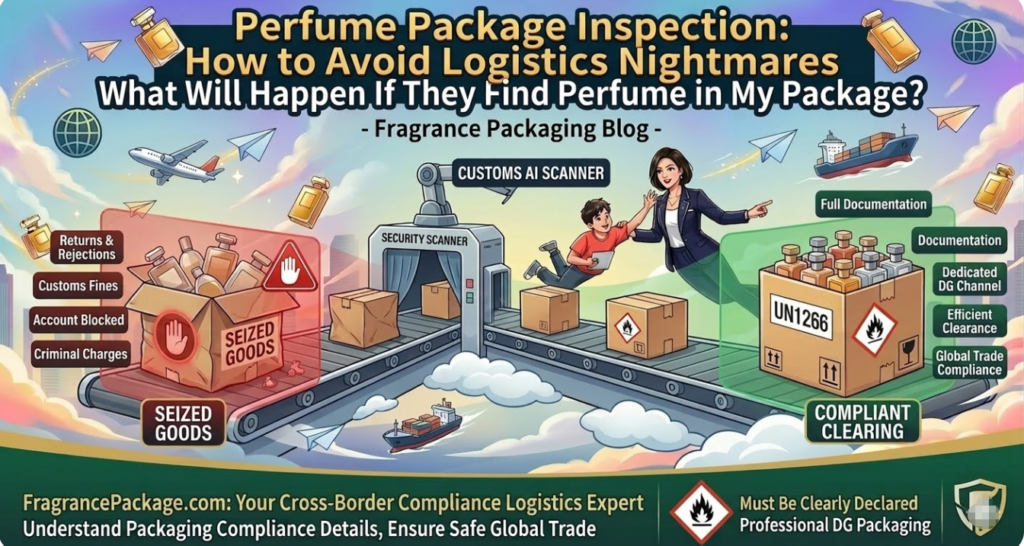 infographic showing the difference between illegal hidden perfume shipping and compliant dg cargo handling with un1266 labels