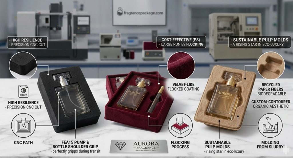 perfume packaging inserts decoded eva foam flocked trays and sustainable pulp molds