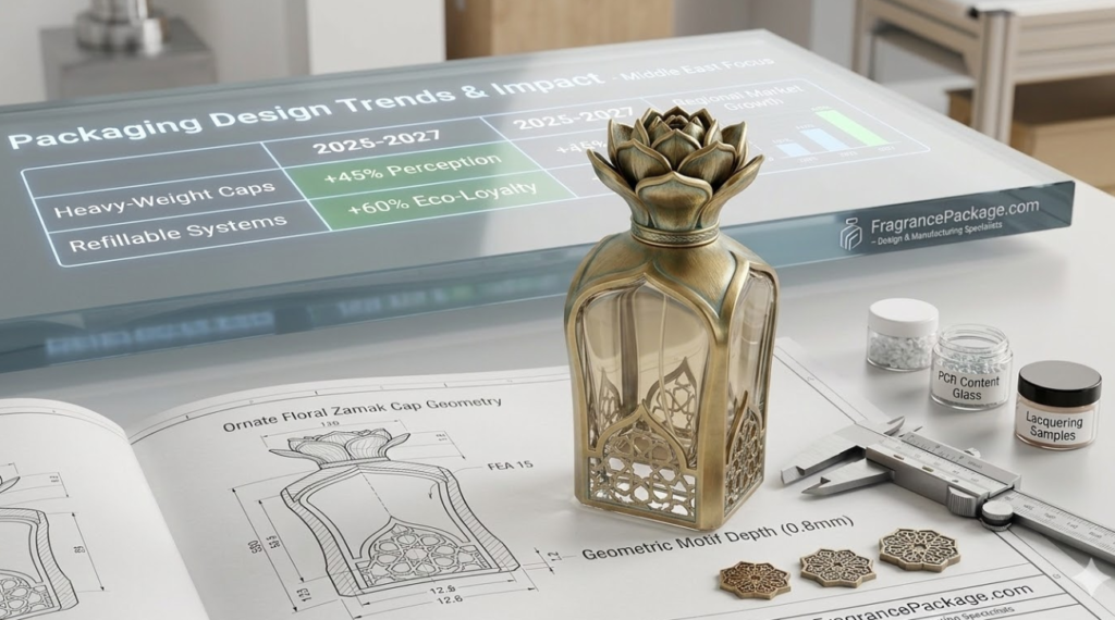 How to Design Luxury Perfume Packaging Glass Bottles: A Strategic Guide from Concept to Manufacturing Custom Middle Eastern style perfume bottle with ornate floral Zamak cap design and manufacturing blueprints by fragrancepackage.com