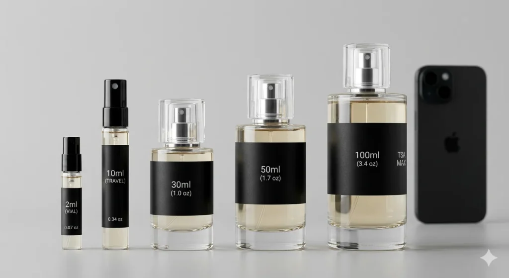 2ml (vial), 10ml (travel), 30ml (1.0 oz), 50ml (1.7 oz), 100ml (3.4 oz) A visual comparison of standard perfume bottle sizes from 2ml to 100ml (3.4 oz) with an iPhone for scale reference.