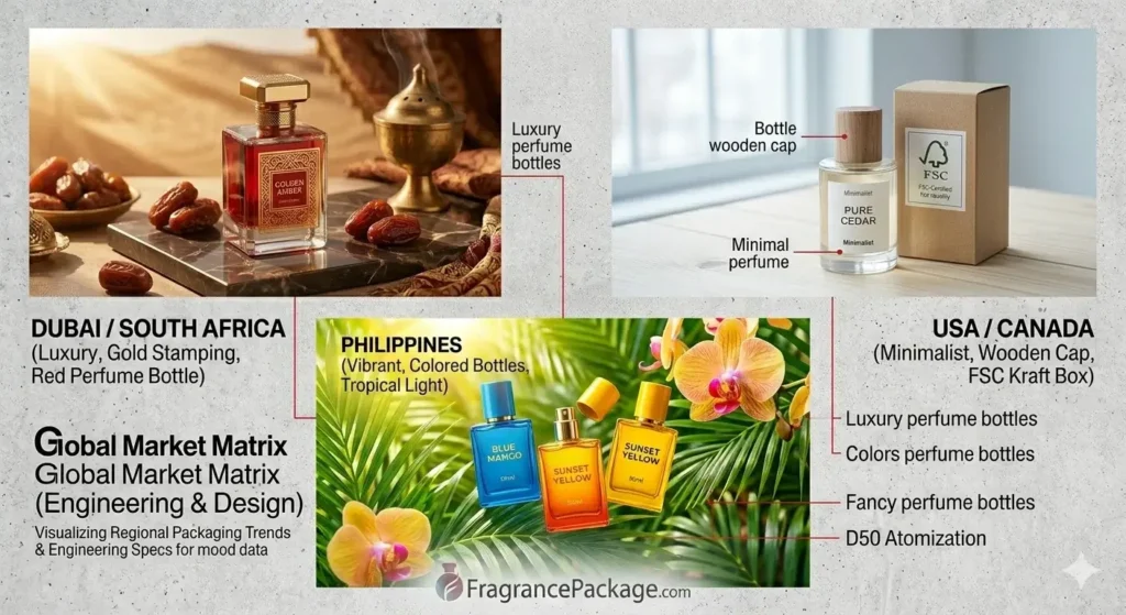 global packaging strategy matrix tailoring luxury, minimalist and vibrant designs to regional climate and cultural preferences