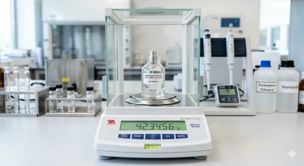 gravimetric testing of a 50ml fragrance bottle using a high precision analytical balance