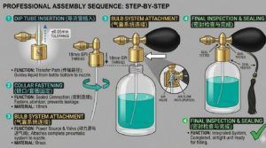 4-step professional assembly guide for attaching a vintage bulb atomizer to a glass perfume bottle.