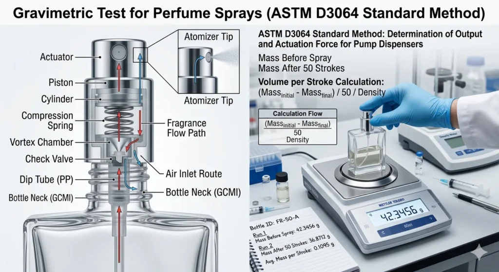 technical diagram of the gravimetric testing method for perfume pump output, featuring an analytical balance and internal spray mechanism anatomy