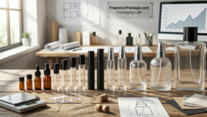 Professional display of glass perfume bottles in various sizes from 1ml vials to 200ml luxury bottles at FragrancePackage.com packaging lab