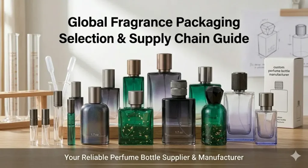 A professional display of modern fragrance packaging including matte black, emerald green, and gradient glass perfume bottles in 5ml, 50ml (1.7 oz), and 100ml sizes for wholesale