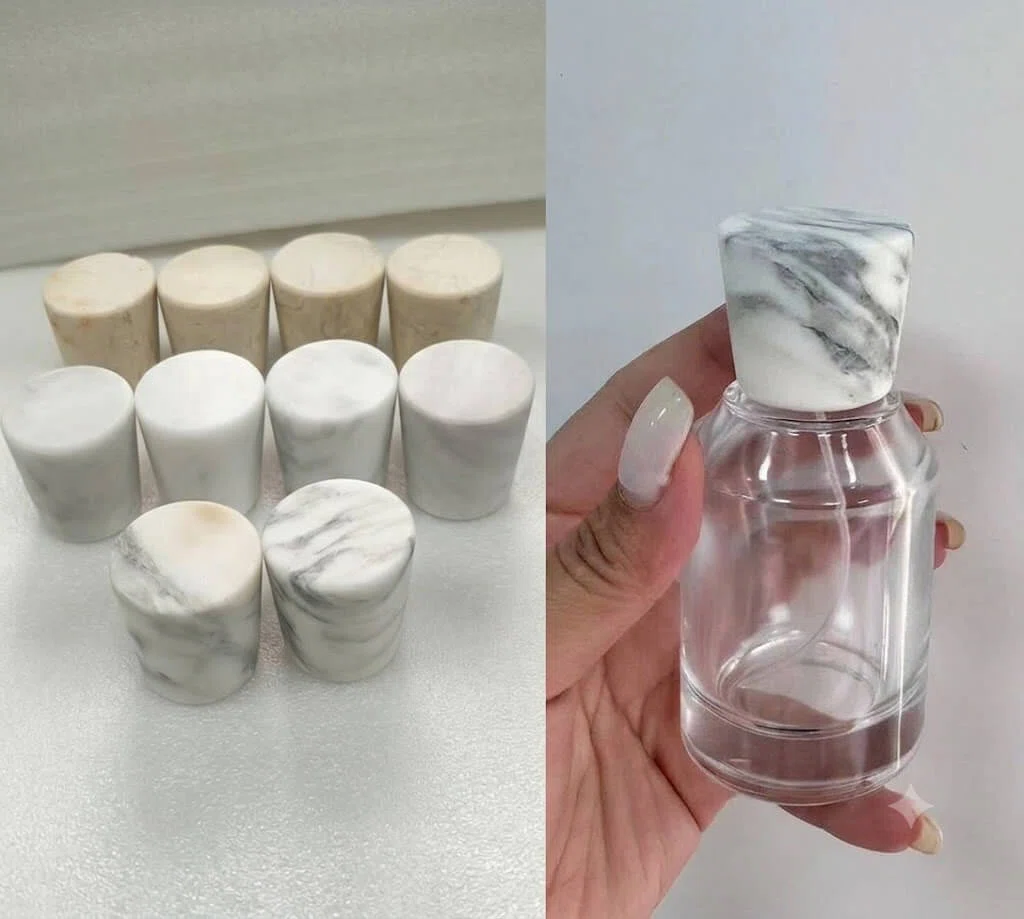 custom Conical white Marble matte Perfume Top Cover Lids design company factory
