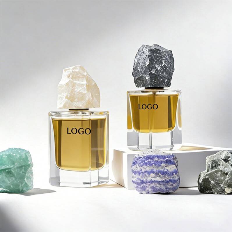 50ml square glass bottle with raw stone fragrance lids